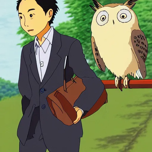 Image similar to still from studio ghibli movie My Neighbor Totoro, Hayao Miyazaki,barn owl in a black suit wearing an office bag going to the office, symetrical face,digital oil painting