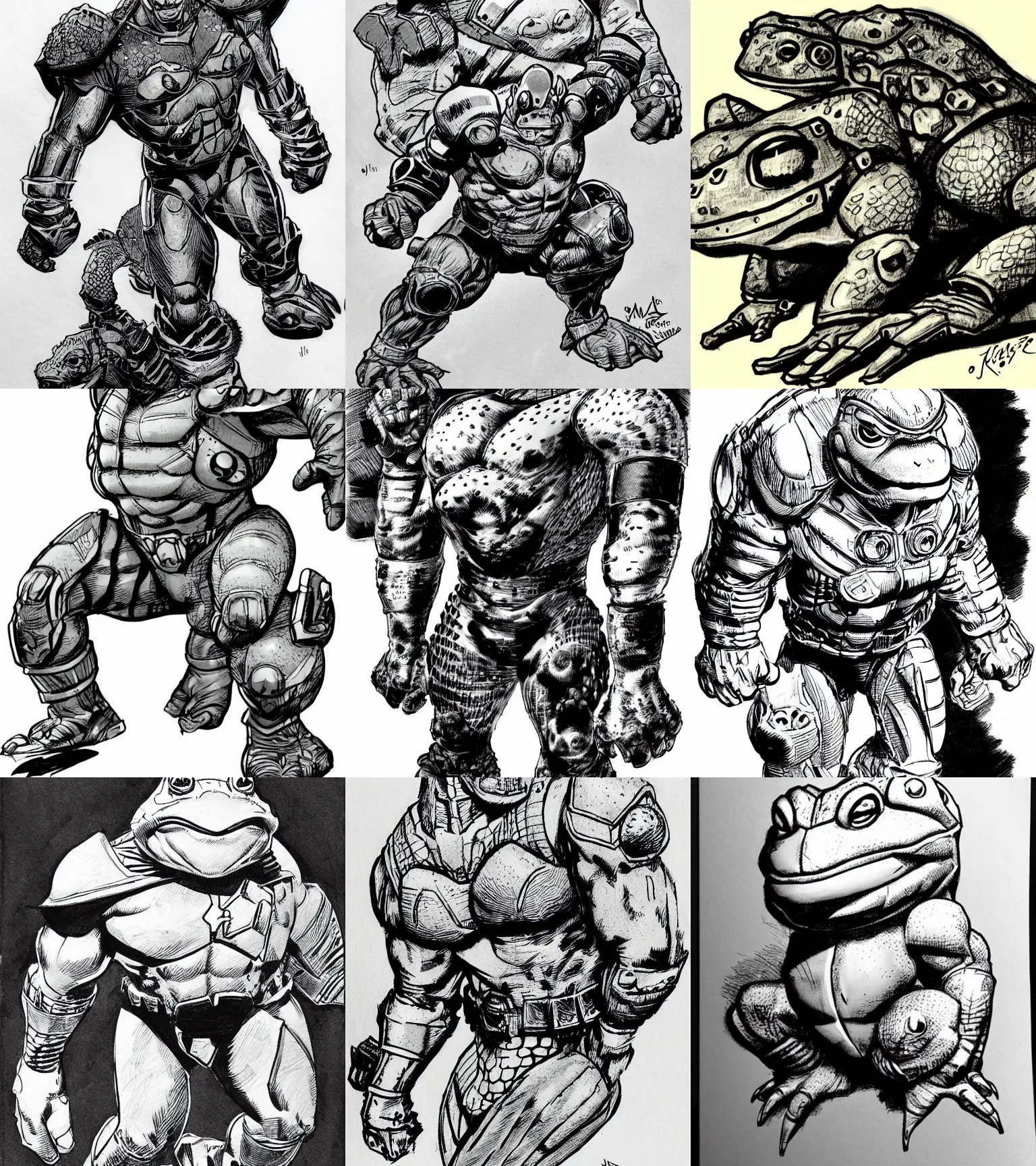 Image similar to toad animal!!! jim lee!!! medium shot!! flat grayscale ink sketch by jim lee close up in the style of jim lee, cyborg! armored hunter hulk toad animal looks at the camera by jim lee