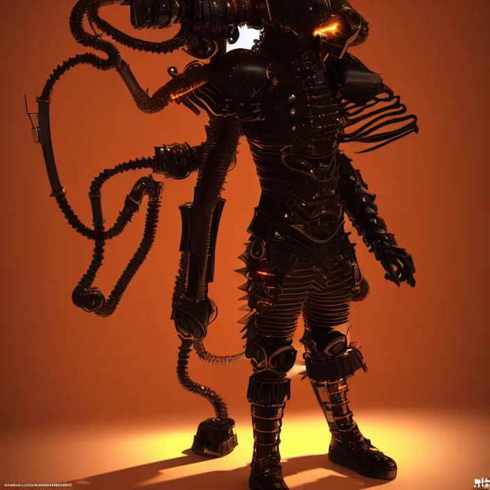 Image similar to a manga character in a futuristic room, black and orange steampunk armor, highly detailed, render, vray, octane, realistic lighting, by nihei tsutomu