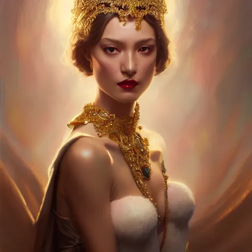 Prompt: expressive oil painting, of alluring european princess, seductive look, smooth glowing skin, glistening body, adoration, ornate headpiece made from beads, glamour shot, by yoshitaka amano, by greg rutkowski, by jeremyg lipkinng, by artgerm, digital art, octane render, white dress