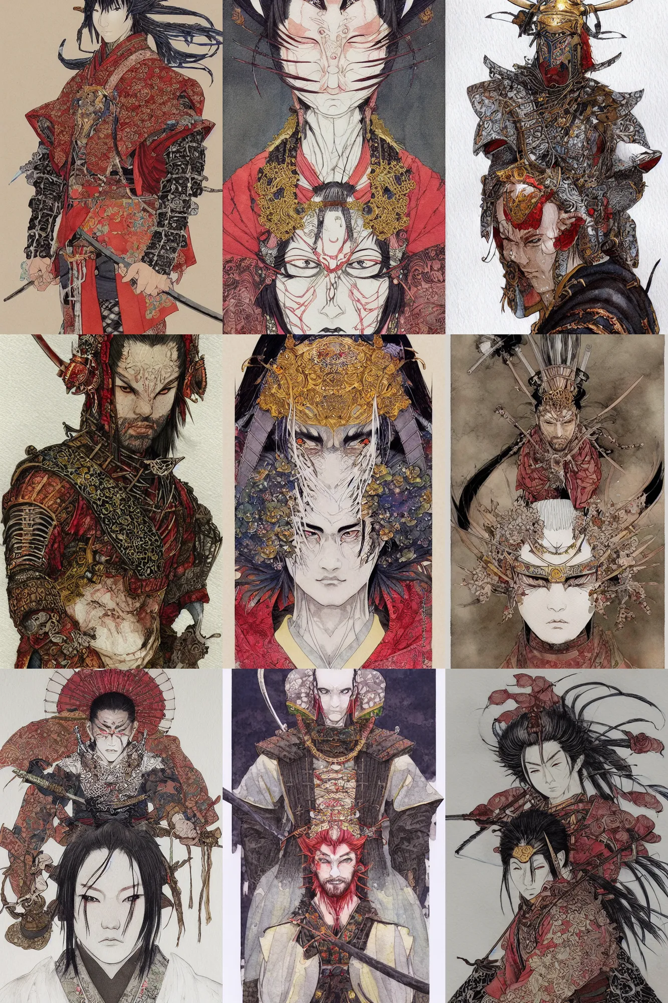 Prompt: watercolor painting of a male japanese bjd samurai warrior magus wearing a mempo in the style of dark - fantasy painted by yoshitaka amano, takato yamamoto, ayami kojima, dmt art, symmetrical face portrait, intricate detail, concept art, artstation, cgsociety, artgerm, rococo, sakura flowers, red, bronze