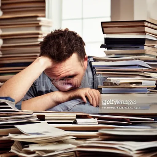 Image similar to exhausted man surrounded by stacks of papers and books, stock photo