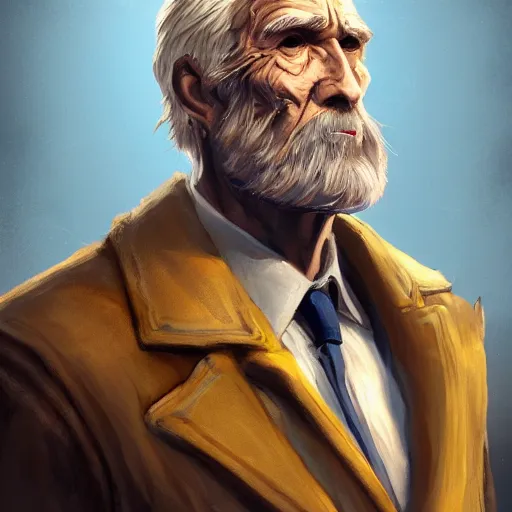 Prompt: a painted portrait of a tall old man in a golden suit, D&D, sci-fi, elegant, hopeful, muscular, highly detailed, digital painting, artstation, concept art, smooth, sharp focus, illustration