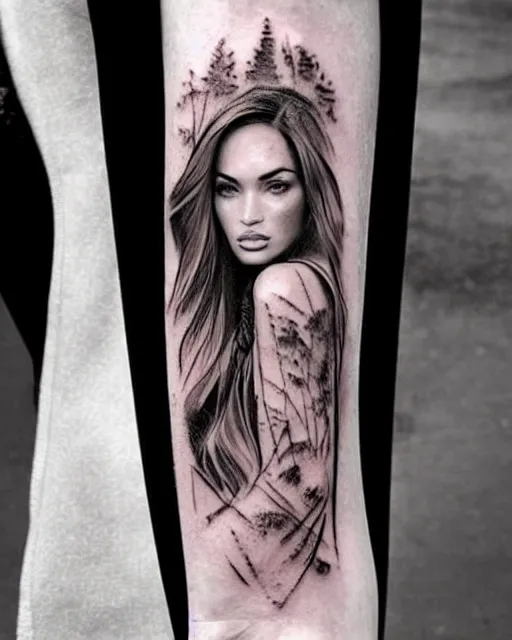 Image similar to creative double exposure effect tattoo design sketch of megan fox faded in beautiful mountain scenery, realism tattoo, in the style of matteo pasqualin, amazing detail, sharp