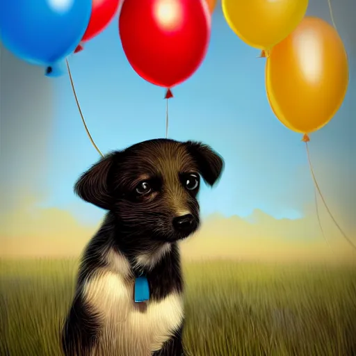 Image similar to puppy flying holding balloons, 8k, fantasy, cinematic lighting, highly detailed, digital painting, artstation, smooth, sharp focus, illustration, by Pixar