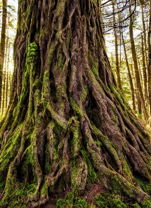 Prompt: photograph of hyperrealistic hyperdetailed ancient tree morphing into a beautiful kind face covered with bark and moss, in a dark mysterious forest at sunset