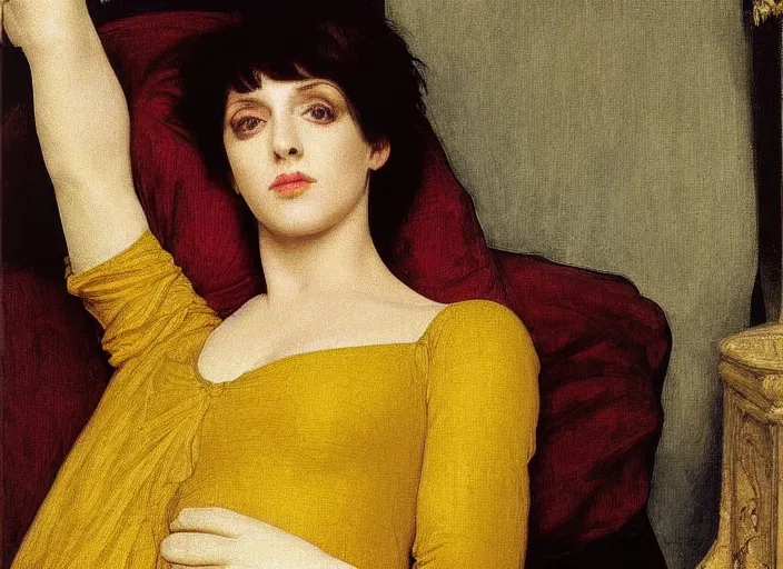 Prompt: portrait of liza minelli as a medieval lady reclining on bed, wearing yellow ochre, preraphaelite colour photography by frederic leighton, 8 k