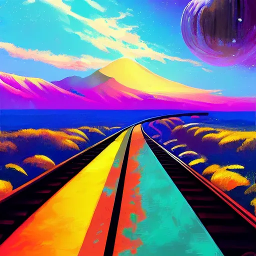 Prompt: train tracks going to space in the distance, vibrant colors, by noah bradley