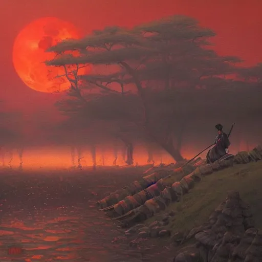 Prompt: Samurai and the blood moon, oil painting by James Gurney, ethereal fantasy hyperdetailed mist Thomas Kinkad