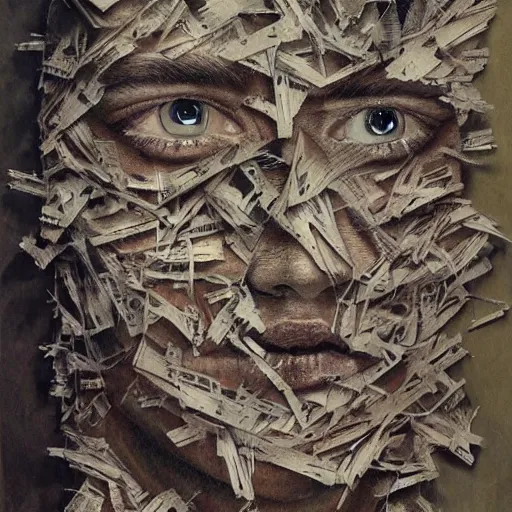 Image similar to multiple faces shredded like paper masks, horror, surreal, drawing, painting, oil painting