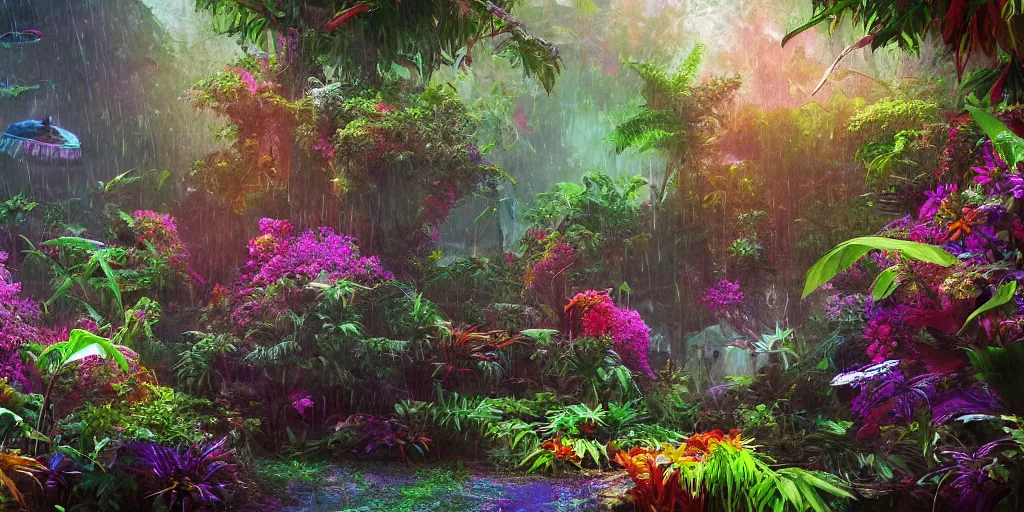 Prompt: An alien jungle, colorful flowers, rain, morning light, photorealistic, realistic, high definition, soft light, high definition, detailed, 8k, artstation