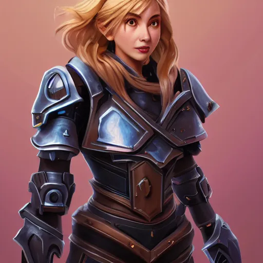 Prompt: masterpiece head-on symmetrical centered painted portrait, Imogen Poots as a paladin, blonde hair, glorious, wearing full metal armour, overwatch character, Blizzard Hearthstone concept art, pixar, maya engine on stylized background, splash comics, global illumination lighting, trending on artstation, by lois van baarle, ilya kuvshinov, rossdraws