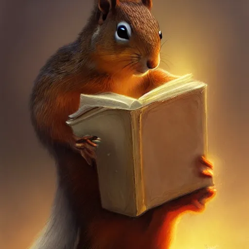 Prompt: a detailed portrait of a squirrel wizard holding an ancient book, by justin gerard and greg rutkowski, digital art, realistic painting, dnd, dungeons & dragons, character design, trending on artstation