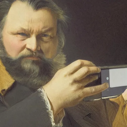 Image similar to victor hugo playing on his phone, digital art, trending on art station, high quality, uhd 8 k, beautiful, golden hour, intricate detail, high gradient, raytracing, dynamic lighting, sharp focus