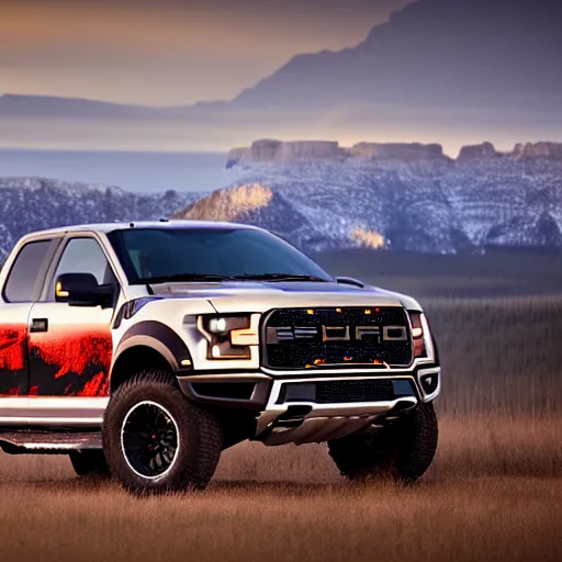 Prompt: a highly detailed photo of a ford raptor in alberta at sundown, 4 k high - resolution photograph, ultra detail, hd photo
