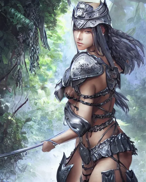 Prompt: digital art of a warrior woman in a jungle wearing silver medieval knights armor, character art, by wlop, by yoshitaka amano, detailed body and face, beautiful face, anime style, 4 k, dnd