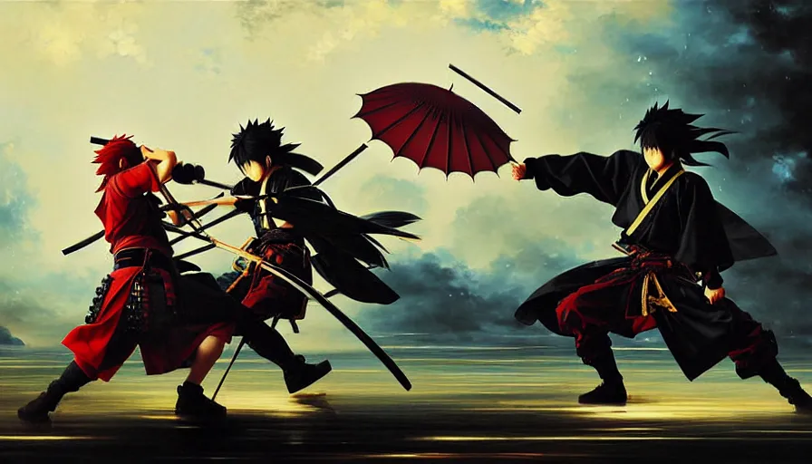 Image similar to baroque oil painting of key visual great samurai battle, rain, storm, final fantasy, fake detail, trending pixiv fanbox, acrylic palette knife, style of makoto shinkai takashi takeuchi yoshiyuki sadamoto greg rutkowski chiho aoshima