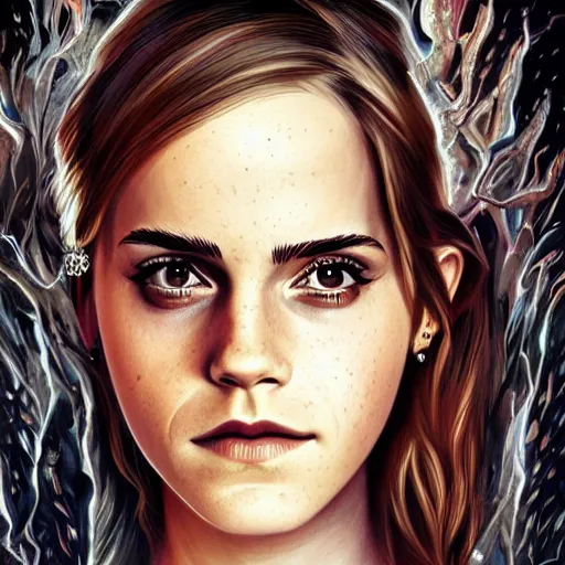 Image similar to emma watson as the goddess of hell, hot, hyper detailed, illustration, hyper realistic, blood, fire, dramatic lighting, cinematic, hell, full body portrait by steve henderson