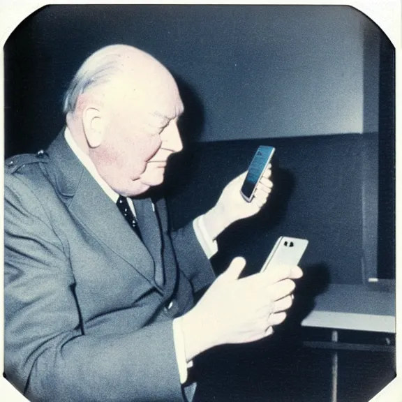 Prompt: polaroid picture of winston churchil checking his iphone