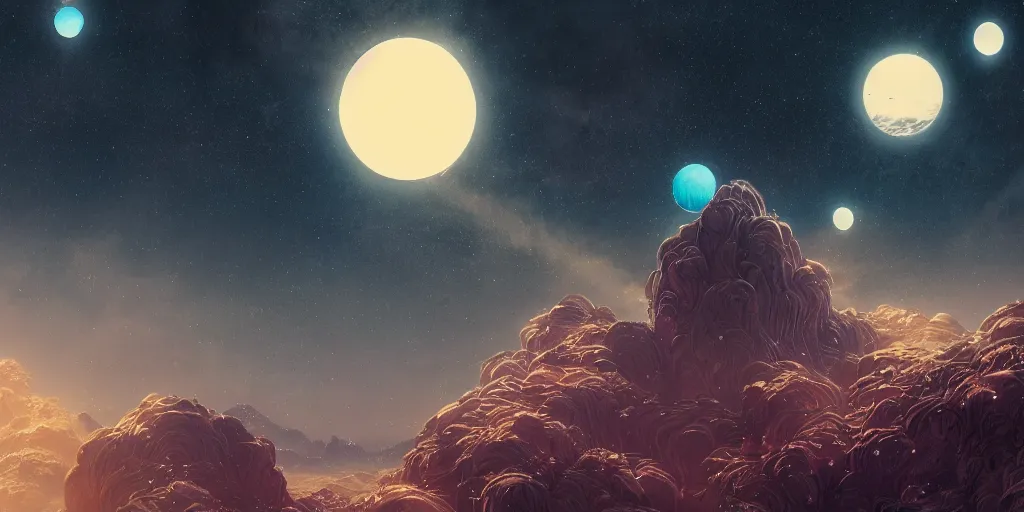 Image similar to planet with many moons in the sky, fantasy, intricate abstract. delicate artwork. by tooth wu, wlop, beeple, dan mumford. octane render, trending on artstation, greg rutkowski very coherent symmetrical artwork. cinematic, hyper realism, high detail, octane render, 8 k, depth of field, bokeh. chrome accents.