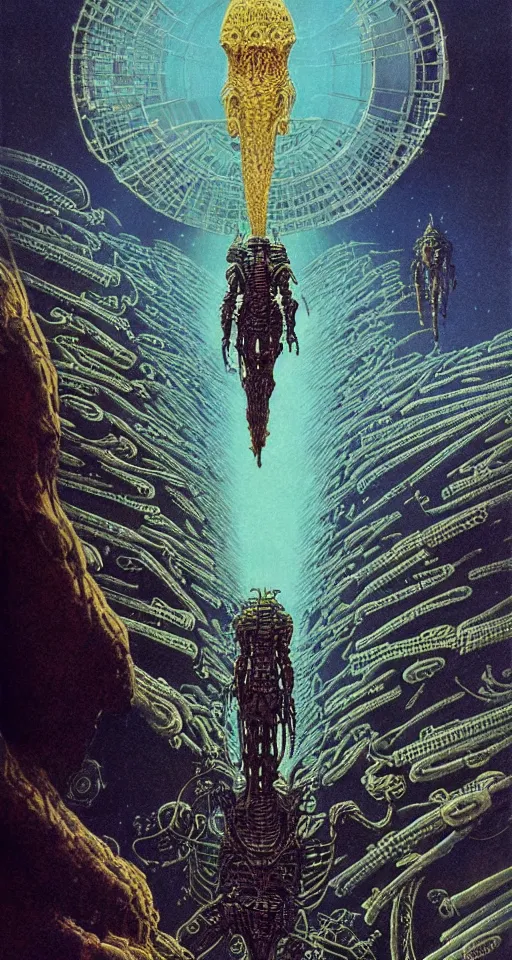 Prompt: stride across their bones, close up, concept art, intricate details, highly detailed, vintage sci - fi poster, in the style of chris foss, rodger dean, moebius, michael whelan, and gustave dore