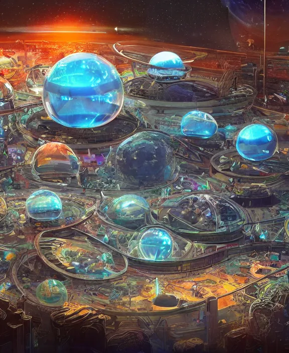 Prompt: a futuristic space colony with large round bubbled archaeologies, highly detailed, sci-fi, high-tech, neon lights