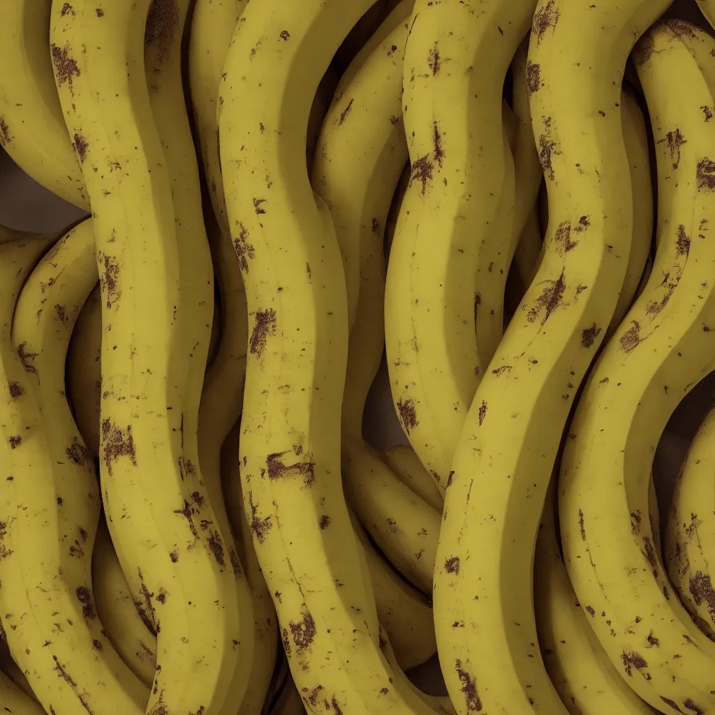 Image similar to circular loop fractal bananas that grow like a banana coral, banana stems, roots. closeup, hyper real, food photography, high quality