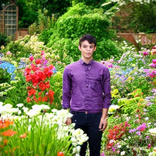 Prompt: a photo of a young man standing in a garden surrounded by beautiful flowers