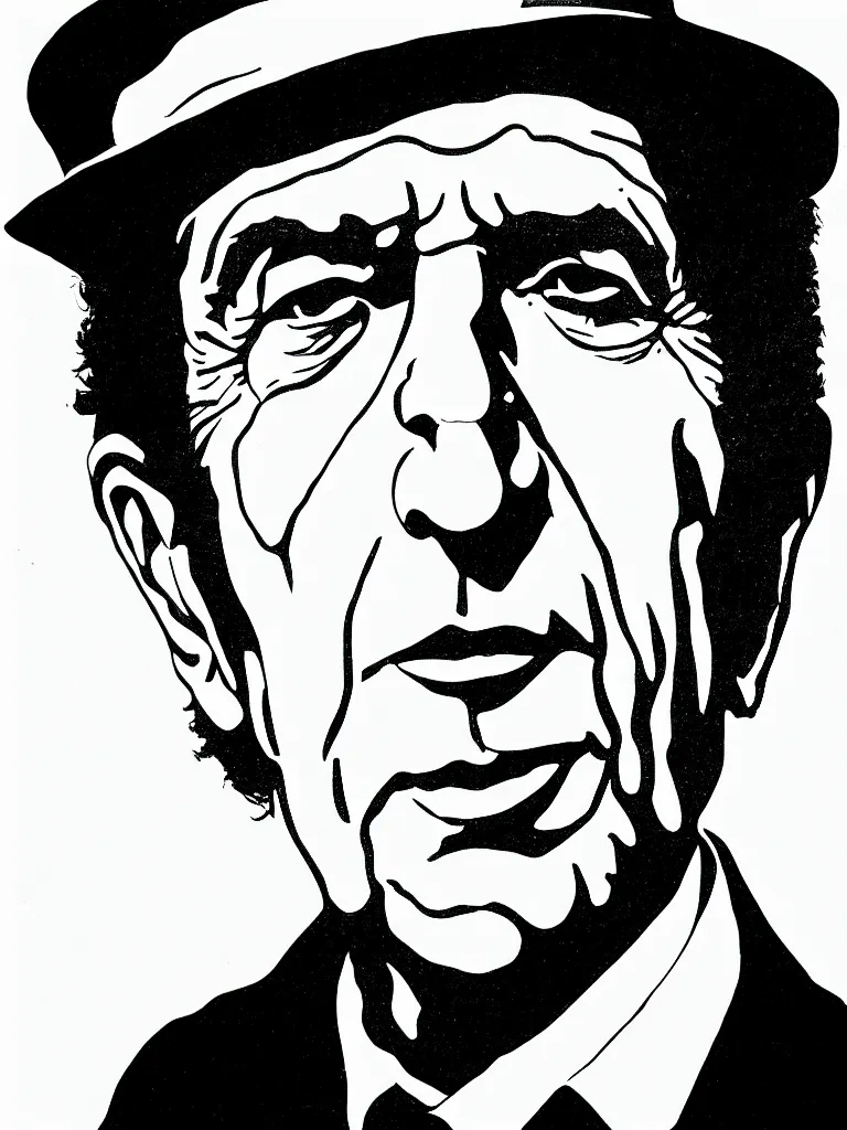 Prompt: line art portrait of leonard cohen.