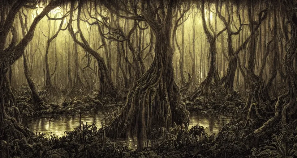 Image similar to A dense and dark enchanted forest with a swamp, by Esao Andrew