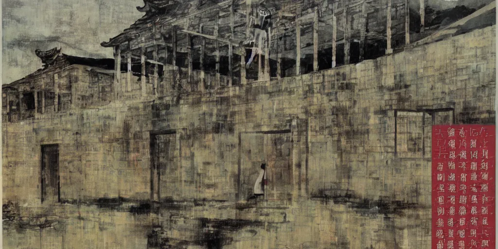 Image similar to a chinese prison near a river by peter doig, overlaid with chinese adverts