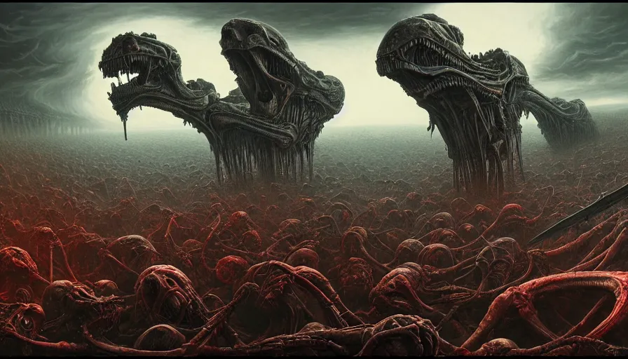 Image similar to battle of alien armies, rotting, fine details, blood, digital art, volumetric lighting, cinematic light, photorealistic, by dan mumford and zdzisław beksinski, by giger, by caravaggio, 4 k,