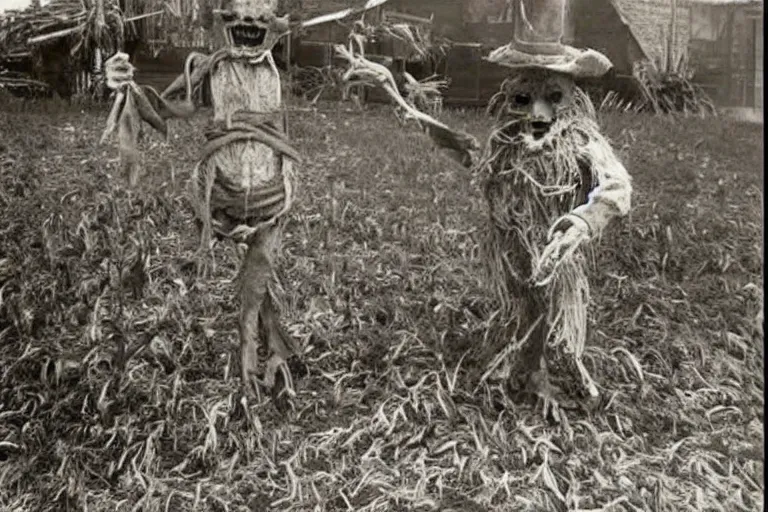 Image similar to disturbing scarecrow from the early 1 9 0 0's burning down the cornfields