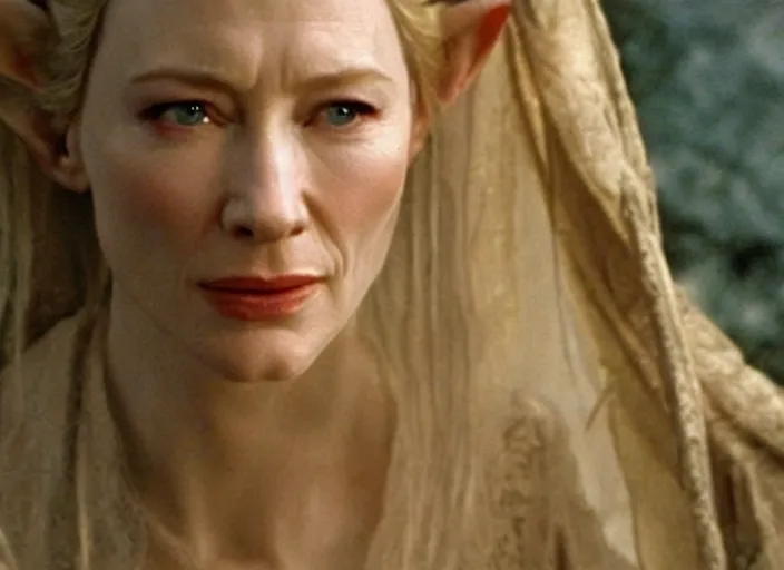 Prompt: film still of thirtyone years old cate blanchett as lumnious galadriel!!!! in lord of the rings movie ( 2 0 0 2 )