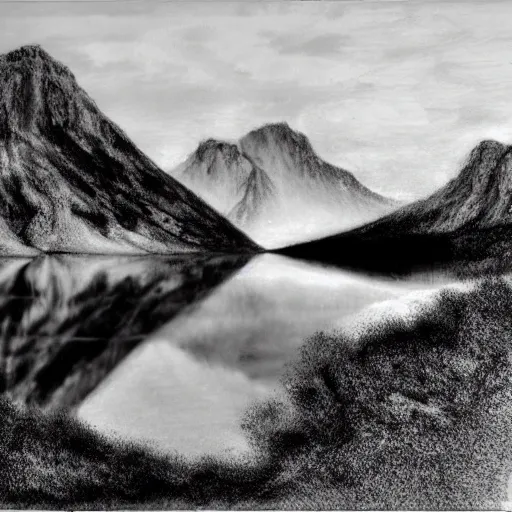 Image similar to lago di sorapis, hyper - realistic black and white drawing, hyper detailed