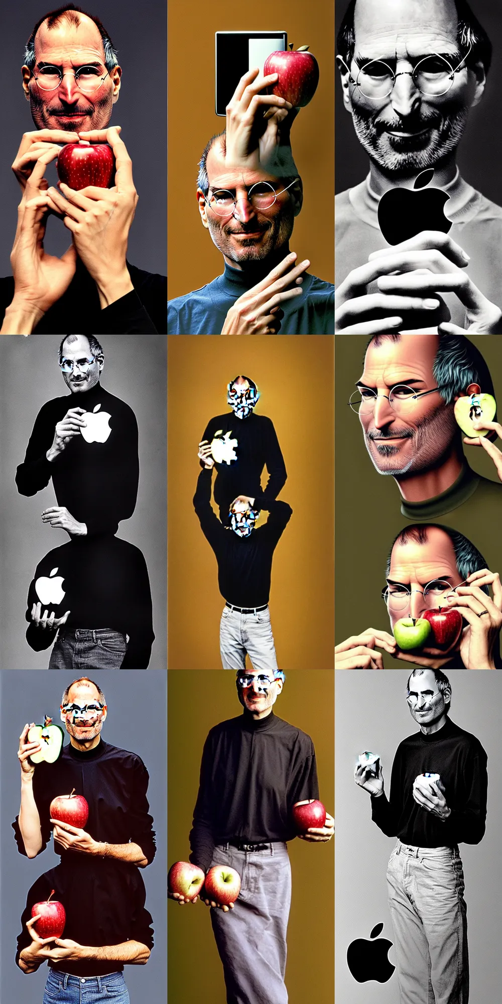 Prompt: happy steve jobs holding an apple, by annie leibovitz