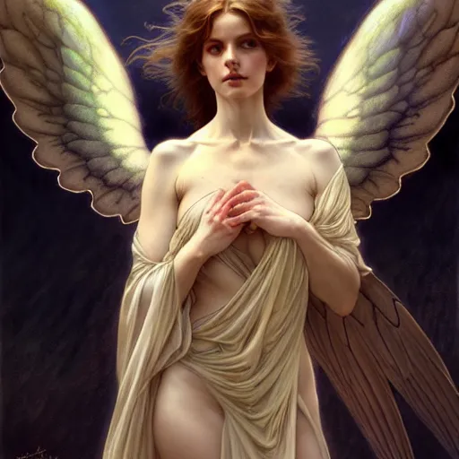 Prompt: Winged girl angel, face, fantasy, intricate, elegant, dramatic lighting, highly detailed, lifelike, photorealistic, digital painting, artstation, concept art, smooth, sharp focus, illustration, art by John Collier and Krenz Cushart and Artem Demura and Alphonse Mucha and and Albert Aublet