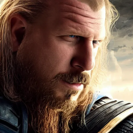 Image similar to triple h as thor, artstation hall of fame gallery, editors choice, #1 digital painting of all time, most beautiful image ever created, emotionally evocative, greatest art ever made, lifetime achievement magnum opus masterpiece, the most amazing breathtaking image with the deepest message ever painted, a thing of beauty beyond imagination or words, 4k, highly detailed, cinematic lighting