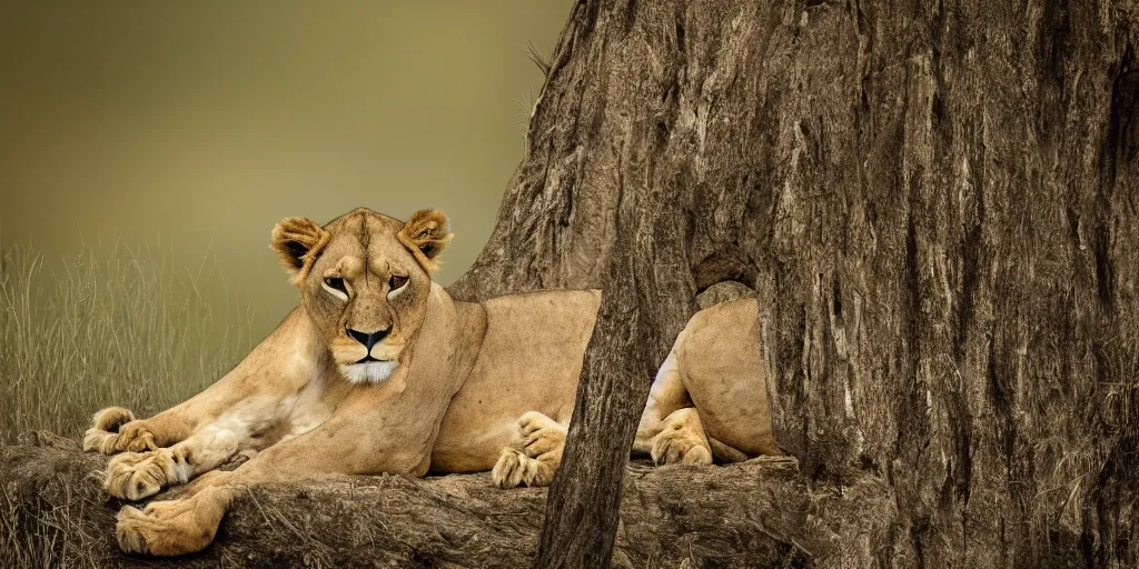 Image similar to scenic nature photography, award winning picture of a cuddly lioness in a tree. the tree is in the middle of the savannah nearby a water hole. extreme detail, hyperrealistic photo, smooth, trending on artstation