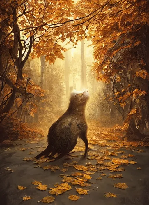 Prompt: golden leaves at frame border, creative!!! composition for a book cover, absurdly beautiful, ultrafine hyperrealistic detailed animal by wlop and artgerm and greg rutkowski, intricate linework, sharp focus, smooth, unreal engine, dramatic lighting, ethereal, 8 k