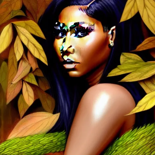 Prompt: nicki minaj clothed in leaves digital painting, photorealistic, in the style of greg rutkowski, full body, detailed face