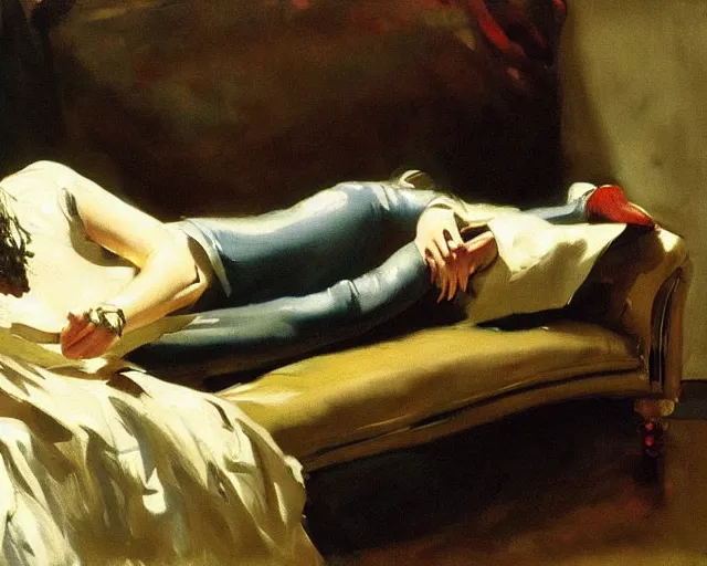 Image similar to A punk girl lying on a sofa, cinematic lighting, oil painting by John Singer Sargent