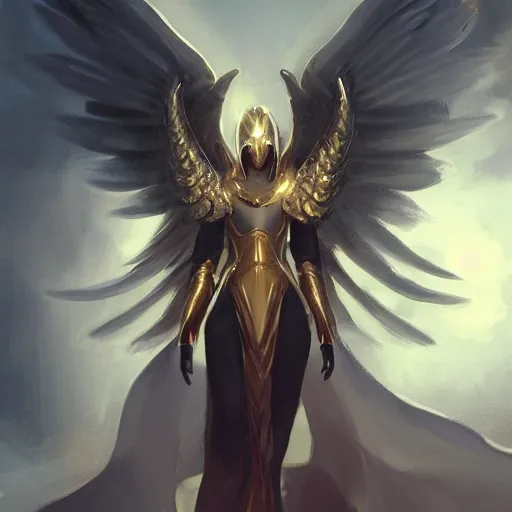 Image similar to golden heavy armored angel, wings made of light, metal halo, no face, hooded, gold, fantasy, concept art, digital art, ultra realistic, character art by greg rutkowski and artgerm