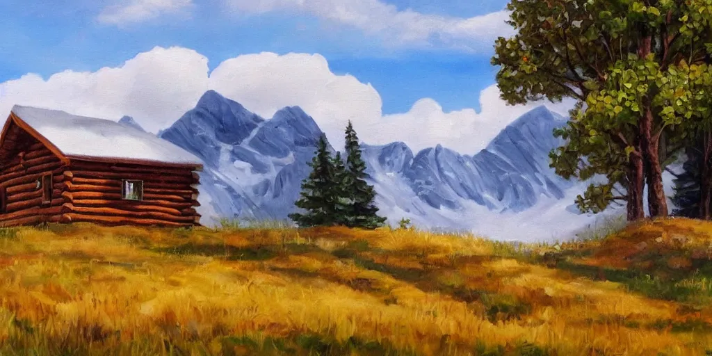 Image similar to a log cabin on a windy hillside, style of bob ross, oil painting,