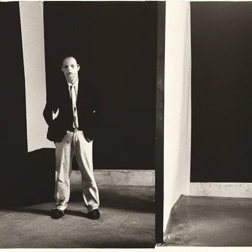 Prompt: professional black and white studio photo of a man standing in front of a wall