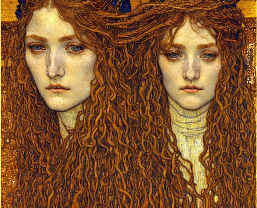 Image similar to detailed realistic beautiful young medieval queen face portrait by jean delville, gustav klimt and vincent van gogh, art nouveau, symbolist, visionary, gothic, pre - raphaelite, muted earthy colors, desaturated