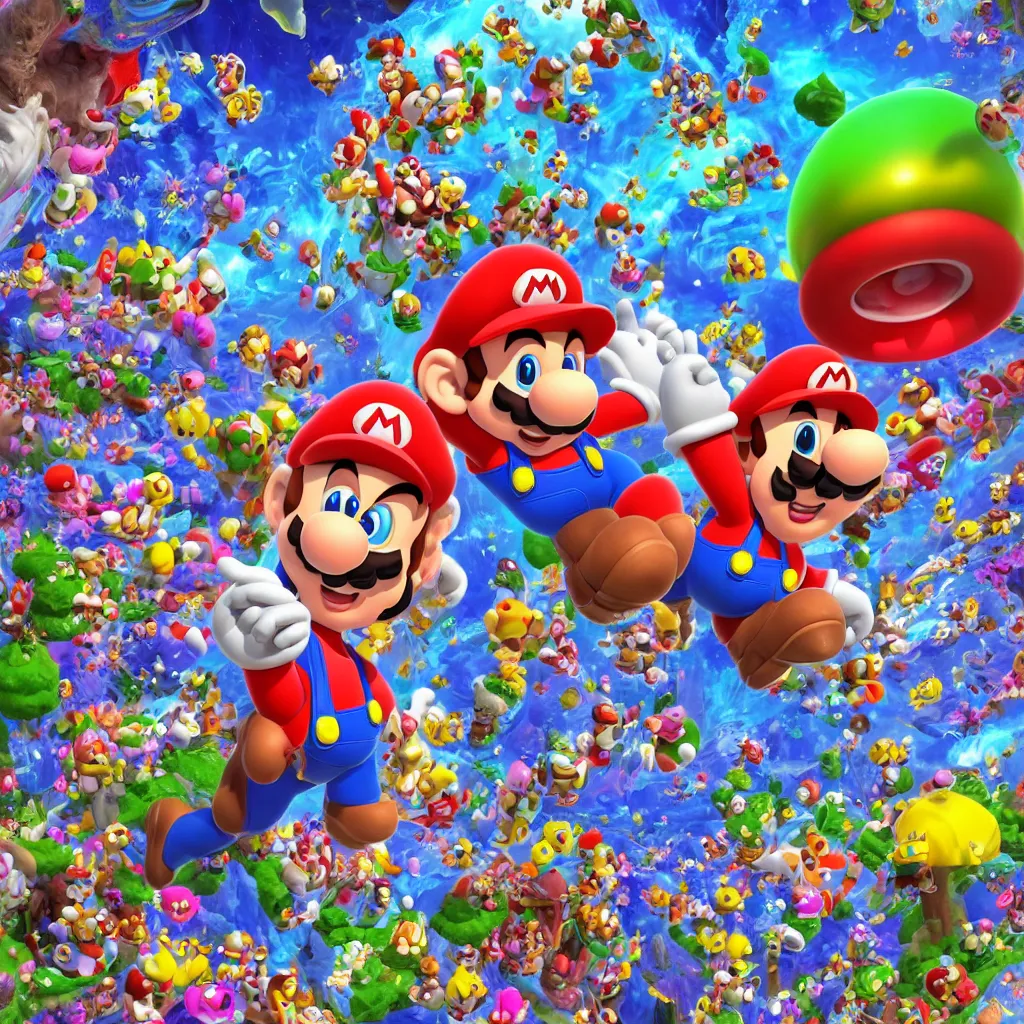 Image similar to 3 d realistic render of super mario tripping on mushrooms, psychedelic digital art, psychedlic trip. magic mushrooms, super mario bros, hyper detailed, cinematic lighting, studio quality, unreal engine 5 renderered, dark atmoshopere, octane rendered, ultrarealistic, concept art, artstation, high definition, 4 k, art by greg rutkowski, art by cd projekt red