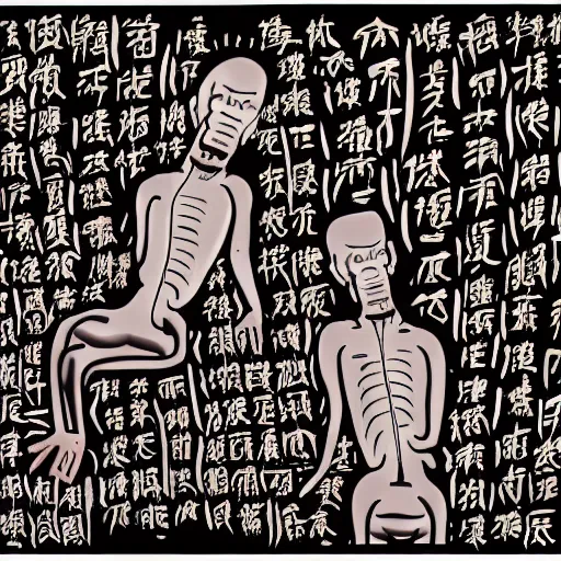 Image similar to chinese surgeons organ harvesting, in the style of daniel johnston and outsider art, 8k, line brush, minimal, overlaid with chinese caligraphy