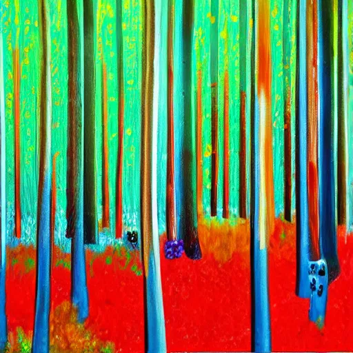 Image similar to paint of acrylic dripped forest with green, blue, red tree trunks. acrylic on canvas, postmodern, impressionist