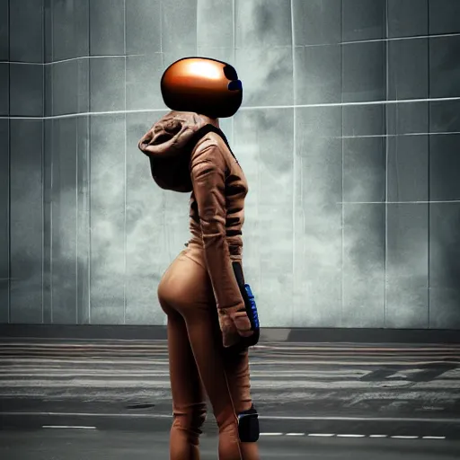 Prompt: a fashion model in astronaut helmet, creative, brown skin, digital art, photo manipulation, artstation, standing, cyberpunk, giant, street, duck shoes, up there, photoshop, people